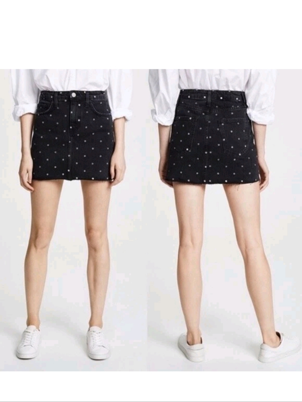 Current/Elliott The Five-Pocket Cutoff Black Denim Polka Dot Mini Skirt - Picture 2 of 9